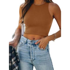 imageREORIA Butsmooth Womens Sleeveless Halter Neck Double Lined Casual Basic Tank Crop TopsBrown