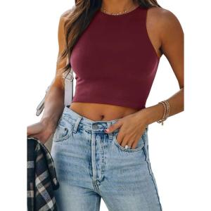 imageREORIA Butsmooth Womens Sleeveless Halter Neck Double Lined Casual Basic Tank Crop TopsBurgundy