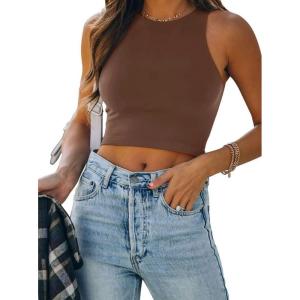 imageREORIA Butsmooth Womens Sleeveless Halter Neck Double Lined Casual Basic Tank Crop TopsCoffee