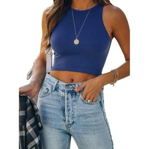 imageREORIA Butsmooth Womens Sleeveless Halter Neck Double Lined Casual Basic Tank Crop TopsDeep Blue