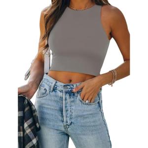 imageREORIA Butsmooth Womens Sleeveless Halter Neck Double Lined Casual Basic Tank Crop TopsDeep Grey