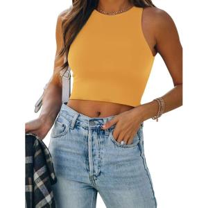 imageREORIA Butsmooth Womens Sleeveless Halter Neck Double Lined Casual Basic Tank Crop TopsGolden