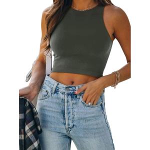 imageREORIA Butsmooth Womens Sleeveless Halter Neck Double Lined Casual Basic Tank Crop TopsGreen Grey