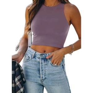 imageREORIA Butsmooth Womens Sleeveless Halter Neck Double Lined Casual Basic Tank Crop TopsGrey Purple