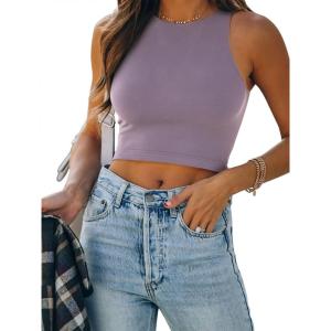 imageREORIA Butsmooth Womens Sleeveless Halter Neck Double Lined Casual Basic Tank Crop TopsHazy Lilac
