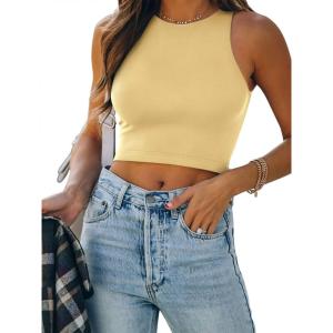 imageREORIA Butsmooth Womens Sleeveless Halter Neck Double Lined Casual Basic Tank Crop TopsHoneybee