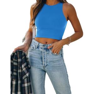 imageREORIA Butsmooth Womens Sleeveless Halter Neck Double Lined Casual Basic Tank Crop TopsLake Blue