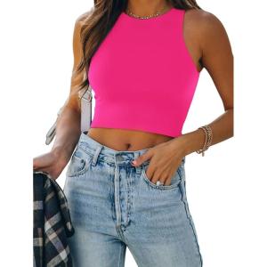 imageREORIA Butsmooth Womens Sleeveless Halter Neck Double Lined Casual Basic Tank Crop TopsNeon Rose Red
