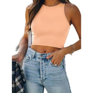 imageREORIA Butsmooth Womens Sleeveless Halter Neck Double Lined Casual Basic Tank Crop TopsPeach Fuzz