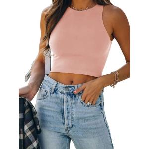 imageREORIA Butsmooth Womens Sleeveless Halter Neck Double Lined Casual Basic Tank Crop TopsPink