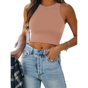 imageREORIA Butsmooth Womens Sleeveless Halter Neck Double Lined Casual Basic Tank Crop TopsSienna