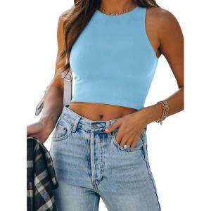 imageREORIA Butsmooth Womens Sleeveless Halter Neck Double Lined Casual Basic Tank Crop TopsSky Blue