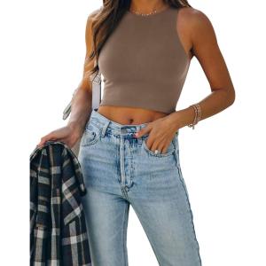 imageREORIA Butsmooth Womens Sleeveless Halter Neck Double Lined Casual Basic Tank Crop TopsTaupe