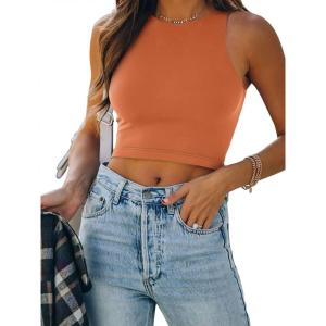 imageREORIA Butsmooth Womens Sleeveless Halter Neck Double Lined Casual Basic Tank Crop TopsTopaz