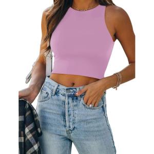 imageREORIA Butsmooth Womens Sleeveless Halter Neck Double Lined Casual Basic Tank Crop TopsViolet