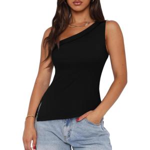 imageREORIA Womens One Shoulder Tops Summer Y2K Tank Top Asymmetric Sexy Cute Trendy Sleeveless Going Out Shirts 2025Black