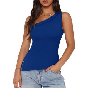 imageREORIA Womens One Shoulder Tops Summer Y2K Tank Top Asymmetric Sexy Cute Trendy Sleeveless Going Out Shirts 2025Blue
