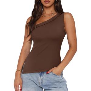 imageREORIA Womens One Shoulder Tops Summer Y2K Tank Top Asymmetric Sexy Cute Trendy Sleeveless Going Out Shirts 2025Chocolate