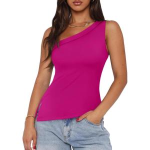 imageREORIA Womens One Shoulder Tops Summer Y2K Tank Top Asymmetric Sexy Cute Trendy Sleeveless Going Out Shirts 2025Rose Pink