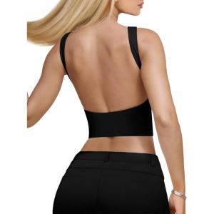 imageREORIA Womens Sexy Open Back High Neck Sleeveless Tank Top Y2k Trendy Backless Crop TopsBlack