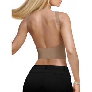 imageREORIA Womens Sexy Open Back High Neck Sleeveless Tank Top Y2k Trendy Backless Crop TopsKhaki