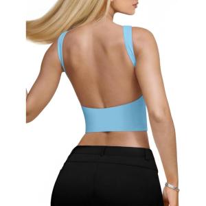 imageREORIA Womens Sexy Open Back High Neck Sleeveless Tank Top Y2k Trendy Backless Crop TopsSky Blue