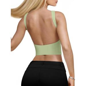 imageREORIA Womens Sexy Open Back High Neck Sleeveless Tank Top Y2k Trendy Backless Crop TopsTender Green
