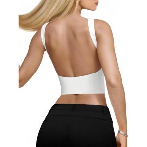 imageREORIA Womens Sexy Open Back High Neck Sleeveless Tank Top Y2k Trendy Backless Crop TopsWhite
