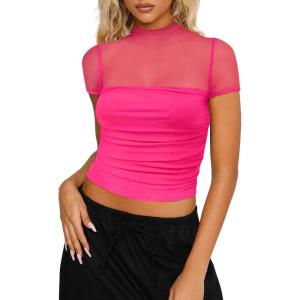 imageREORIA Womens Sexy Trendy Sheer Mesh Ruched Mock Turtleneck Short Sleeve Going Out Shirts Crop TopsNeon Rose Red