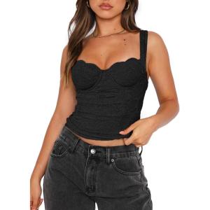 imageREORIA Womens Summer Sexy Square Neck Sleeveless Going Out Trendy Lace Bustier Tank Crop TopsBlack