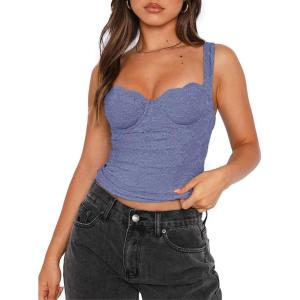 imageREORIA Womens Summer Sexy Square Neck Sleeveless Going Out Trendy Lace Bustier Tank Crop TopsBlue Nova
