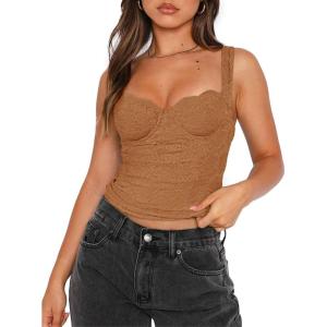 imageREORIA Womens Summer Sexy Square Neck Sleeveless Going Out Trendy Lace Bustier Tank Crop TopsBrown