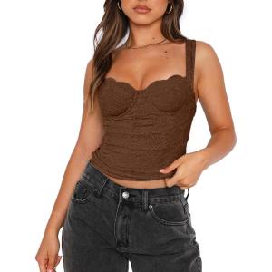 imageREORIA Womens Summer Sexy Square Neck Sleeveless Going Out Trendy Lace Bustier Tank Crop TopsCoffee