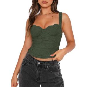 imageREORIA Womens Summer Sexy Square Neck Sleeveless Going Out Trendy Lace Bustier Tank Crop TopsGrey