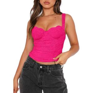 imageREORIA Womens Summer Sexy Square Neck Sleeveless Going Out Trendy Lace Bustier Tank Crop TopsNeon Rose Red