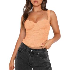 imageREORIA Womens Summer Sexy Square Neck Sleeveless Going Out Trendy Lace Bustier Tank Crop TopsPeach Fuzz