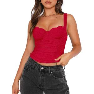 imageREORIA Womens Summer Sexy Square Neck Sleeveless Going Out Trendy Lace Bustier Tank Crop TopsRed