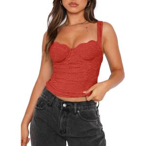 imageREORIA Womens Summer Sexy Square Neck Sleeveless Going Out Trendy Lace Bustier Tank Crop TopsRusty Red