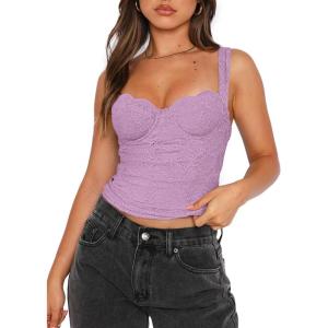 imageREORIA Womens Summer Sexy Square Neck Sleeveless Going Out Trendy Lace Bustier Tank Crop TopsViolet