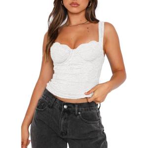 imageREORIA Womens Summer Sexy Square Neck Sleeveless Going Out Trendy Lace Bustier Tank Crop TopsWhite