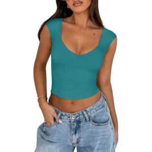 imageREORIA Womens Trendy Butsmooth Sexy Casual V Neck Double Lined Sleeveless Slimming Going Out Crop Tank TopAcid Blue