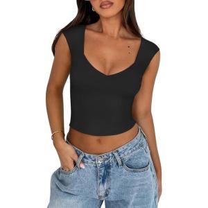 imageREORIA Womens Trendy Butsmooth Sexy Casual V Neck Double Lined Sleeveless Slimming Going Out Crop Tank TopBlack