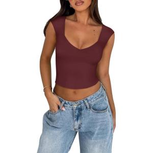 imageREORIA Womens Trendy Butsmooth Sexy Casual V Neck Double Lined Sleeveless Slimming Going Out Crop Tank TopBurgundy