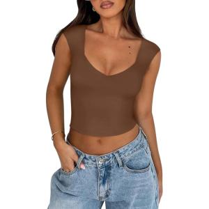 imageREORIA Womens Trendy Butsmooth Sexy Casual V Neck Double Lined Sleeveless Slimming Going Out Crop Tank TopCoffee