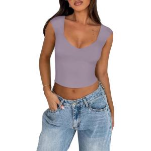 imageREORIA Womens Trendy Butsmooth Sexy Casual V Neck Double Lined Sleeveless Slimming Going Out Crop Tank TopHazy Lilac