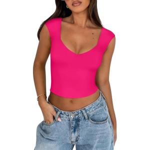 imageREORIA Womens Trendy Butsmooth Sexy Casual V Neck Double Lined Sleeveless Slimming Going Out Crop Tank TopNeon Rose Red