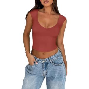 imageREORIA Womens Trendy Butsmooth Sexy Casual V Neck Double Lined Sleeveless Slimming Going Out Crop Tank TopRusty Red