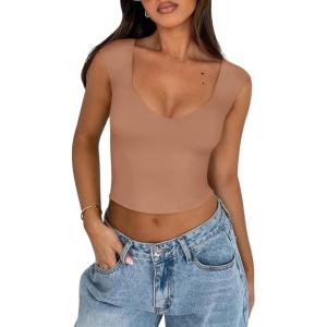 imageREORIA Womens Trendy Butsmooth Sexy Casual V Neck Double Lined Sleeveless Slimming Going Out Crop Tank TopSienna