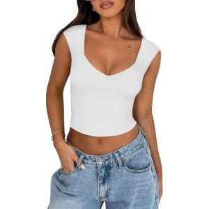 imageREORIA Womens Trendy Butsmooth Sexy Casual V Neck Double Lined Sleeveless Slimming Going Out Crop Tank TopWhite
