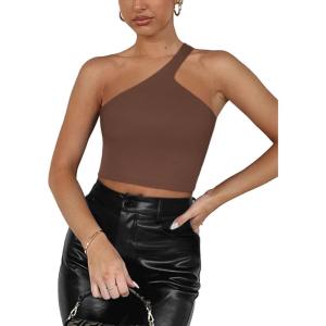 imageREORIA Womens Trendy Sexy One Shoulder Double Lined Seamless Backless Sleeveless Going Out Trendy Crop Tank TopsCoffee